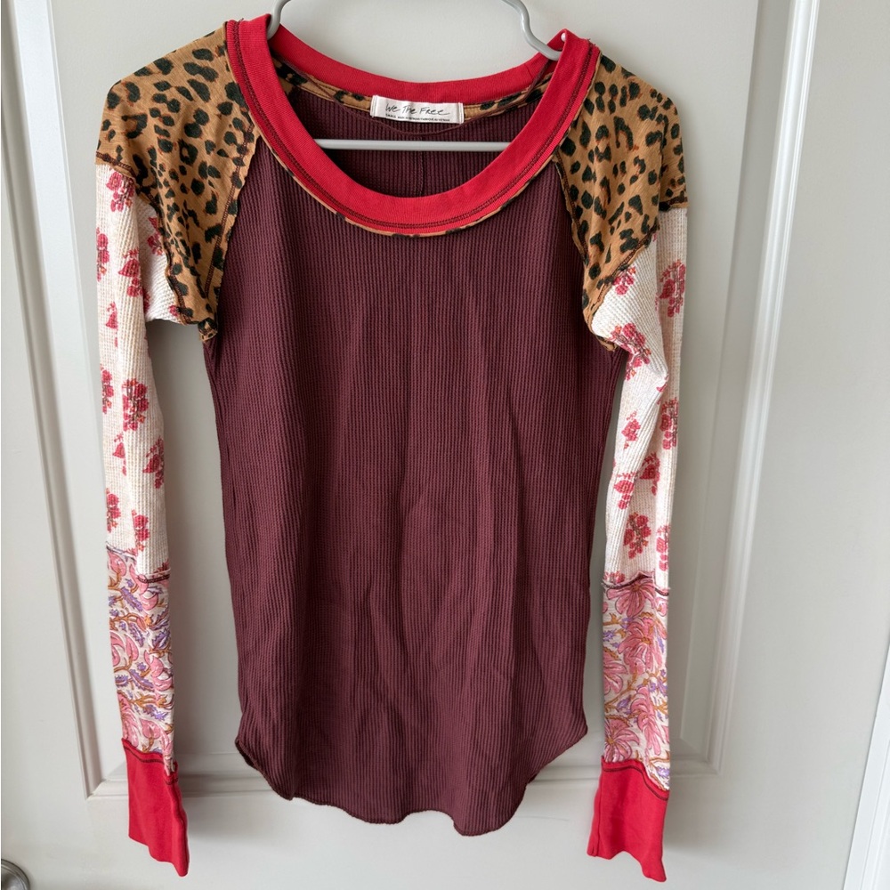 We The Free Burgundy and Floral Long Sleeve Top